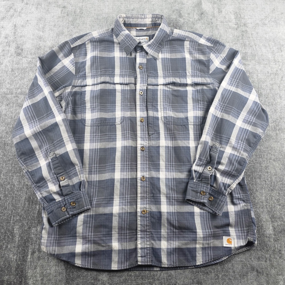 Carhartt Force Relaxed Fit Plaid Flannel Shirt Mens XL Gray Blue White Outdoor